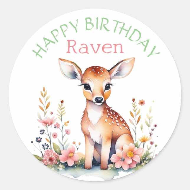 Personalized Baby Deer in Flowers Girl's Birthday  Classic Round Sticker (Front)