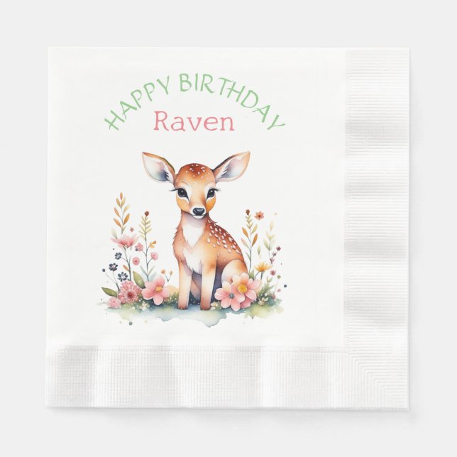 Personalized Baby Deer in Flowers Girl's Birthday  Napkin (Front)