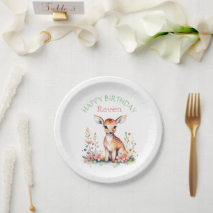 Personalized Baby Deer in Flowers Girl's Birthday  Paper Plate