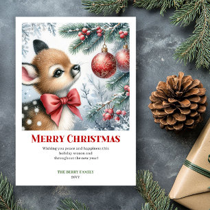 Personalized Baby Deer Winter Scene Watercolor  Holiday Card