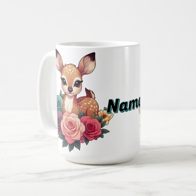 Personalized Baby Deer with Roses Coffee Mug (Front Left)