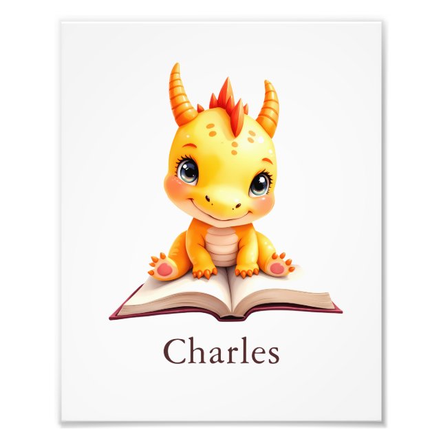 Personalized Baby Dragon Reading Custom Art Print (Front)