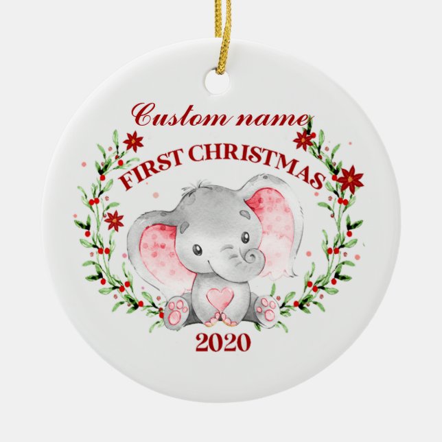 Personalized Baby Elephant 2020 first Christmas Ceramic Ornament (Front)