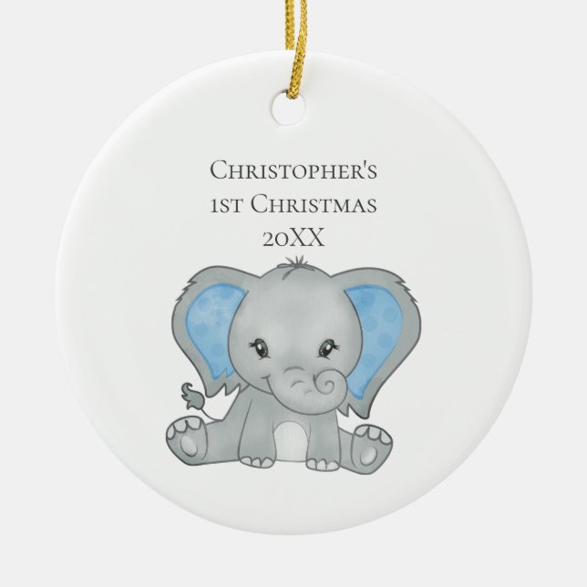 Personalized Baby Elephant Blue Baby 1st Christmas Ceramic Ornament (Front)