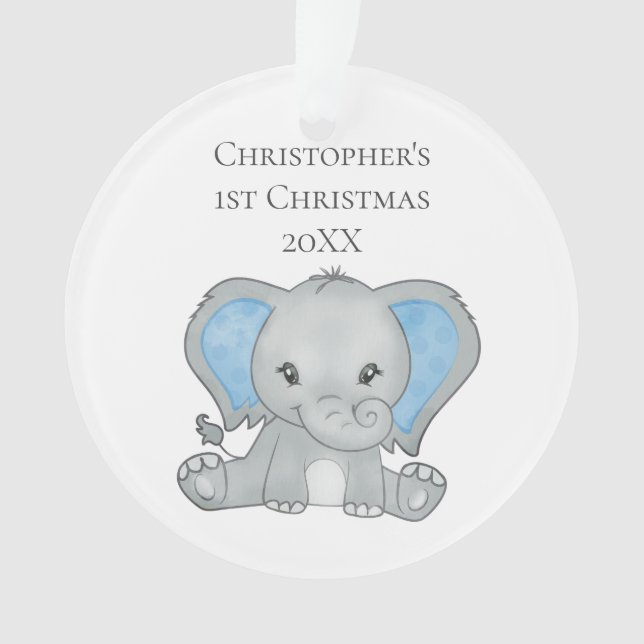 Personalized Baby Elephant Blue Baby 1st Christmas Ornament (Front)