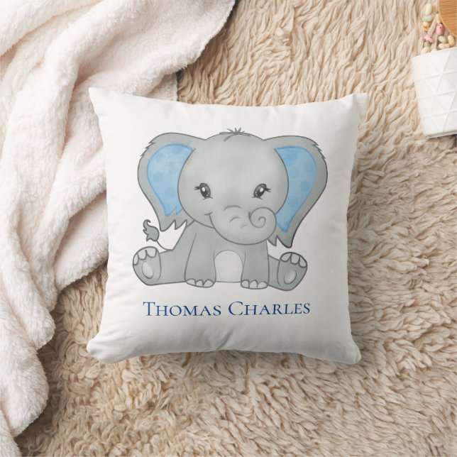 Personalized Baby Elephant Blue Grey Nursery  Throw Pillow (Blanket)