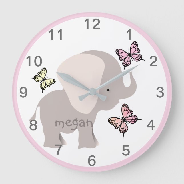 Personalized Baby Elephant Butterfly Wall Clock (Front)