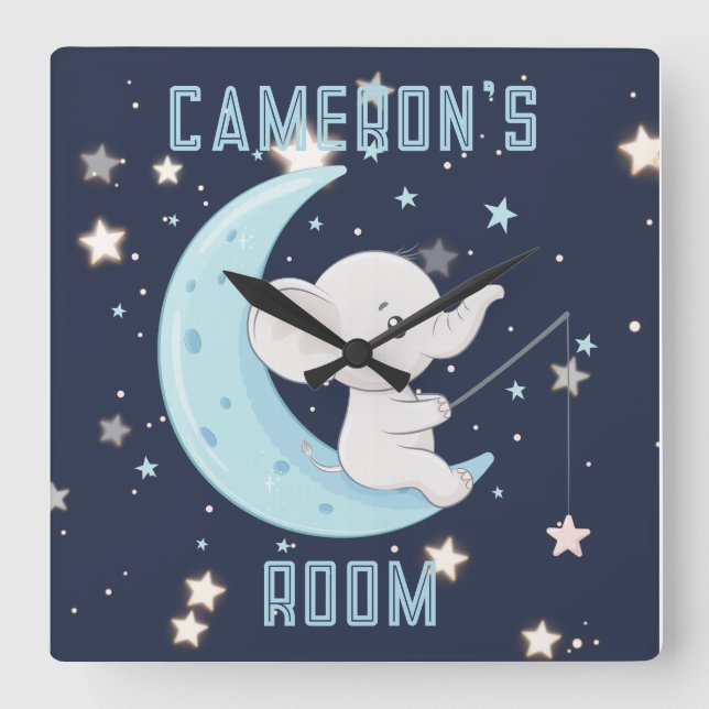 Personalized Baby Elephant Fishing 4 Stars Poster  Square Wall Clock (Front)
