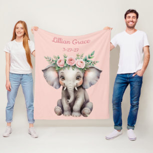 Personalized Baby Elephant Girl's Safari Nursery Fleece Blanket