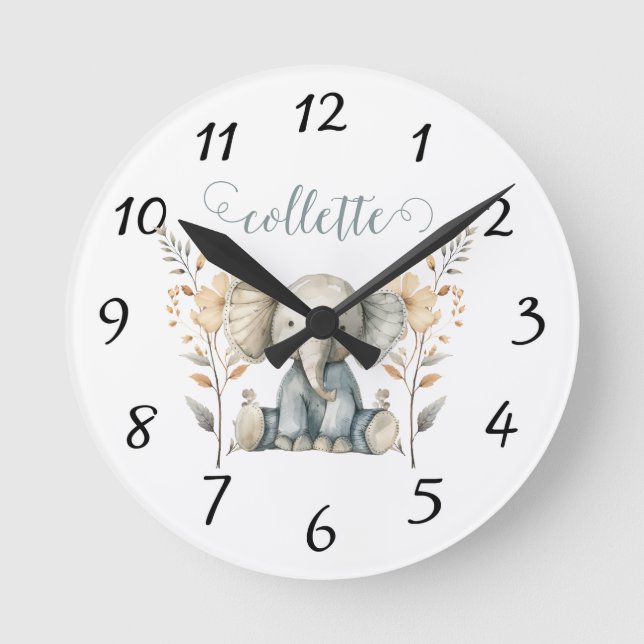 Personalized Baby Elephant Nursery Round Clock (Front)