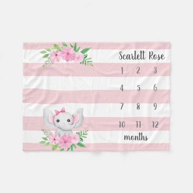 Personalized Baby Elephant Photo Milestone Fleece Blanket (Front (Horizontal))