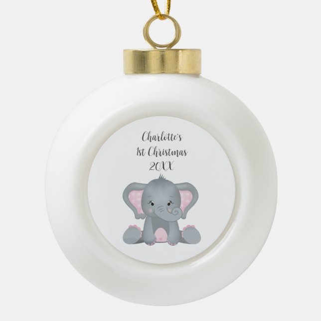 Personalized Baby Elephant Pink Baby 1st Christmas Ceramic Ball Christmas Ornament (Front)