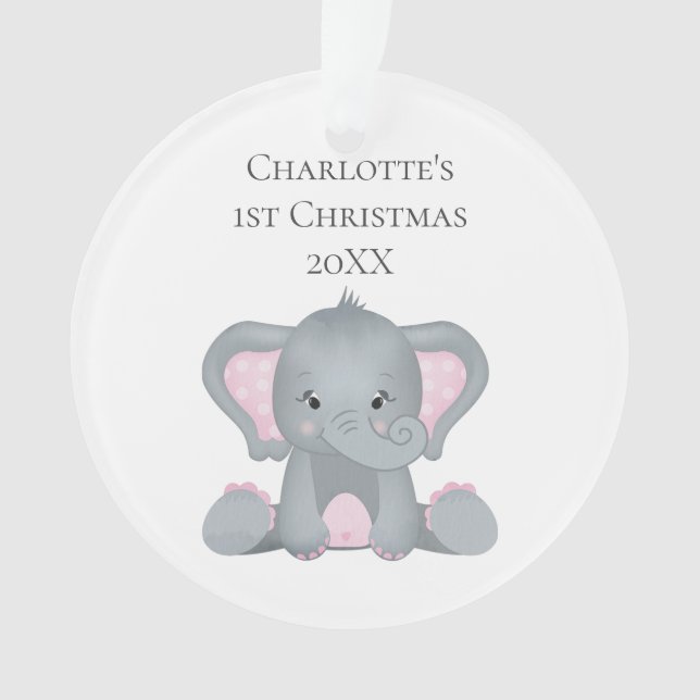 Personalized Baby Elephant Pink Baby 1st Christmas Ornament (Front)