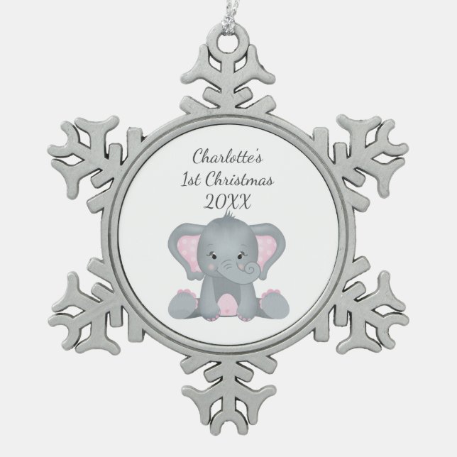 Personalized Baby Elephant Pink Baby 1st Christmas Snowflake Pewter Christmas Ornament (Front)