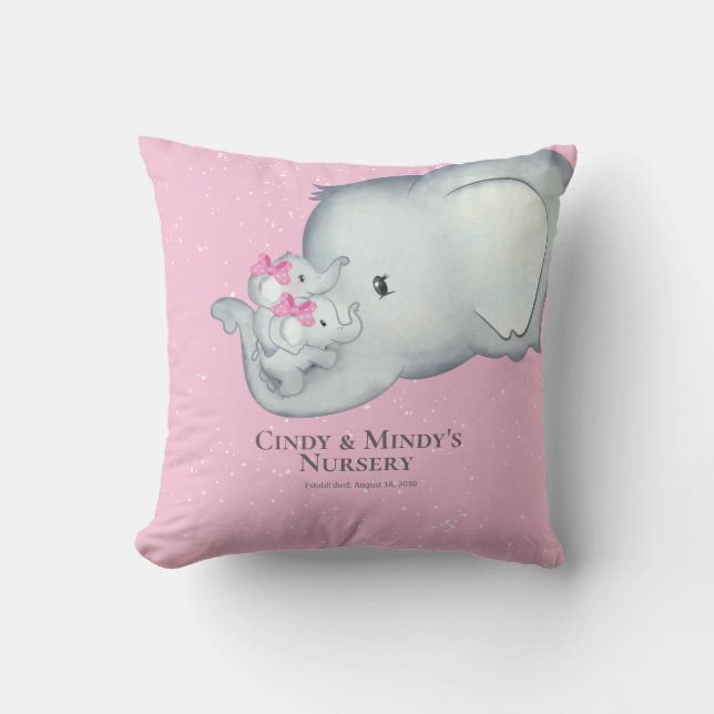 Personalized Baby Elephant Twins Mommy Throw Pillow (Front)