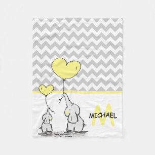 Personalized Baby Elephant Yellow Grey Chevron Fleece Blanket