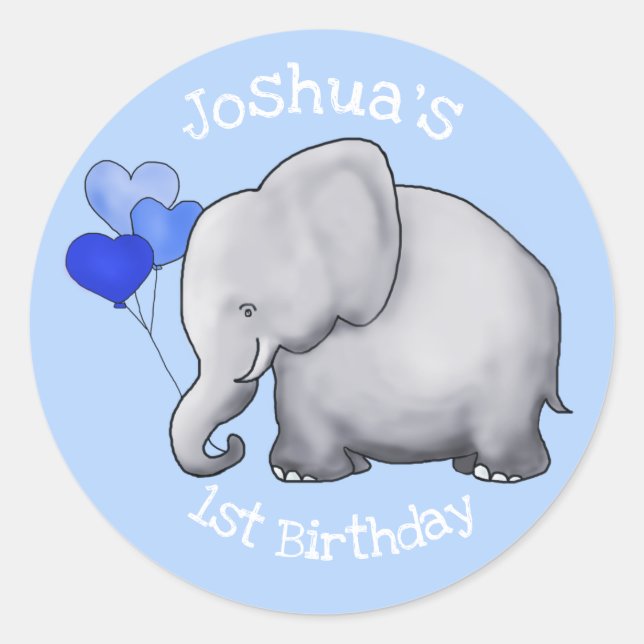 Personalized Baby Elephants 1st Birthday Party Classic Round Sticker (Front)
