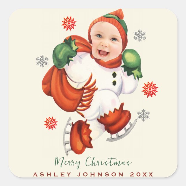 Personalized Baby Face Photo Chubby Santa  Square Sticker (Front)