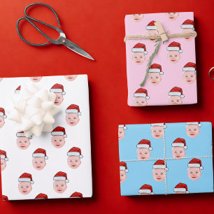 Personalized Baby Face Photo Santa Hat Christmas Wrapping Paper Sheet