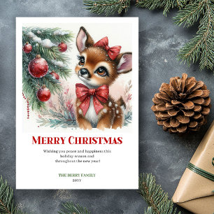 Personalized Baby Fawn Winter Scene Watercolor   Holiday Card