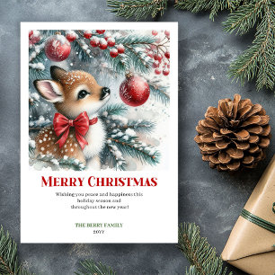 Personalized Baby Fawn Winter Scene Watercolor  Holiday Card