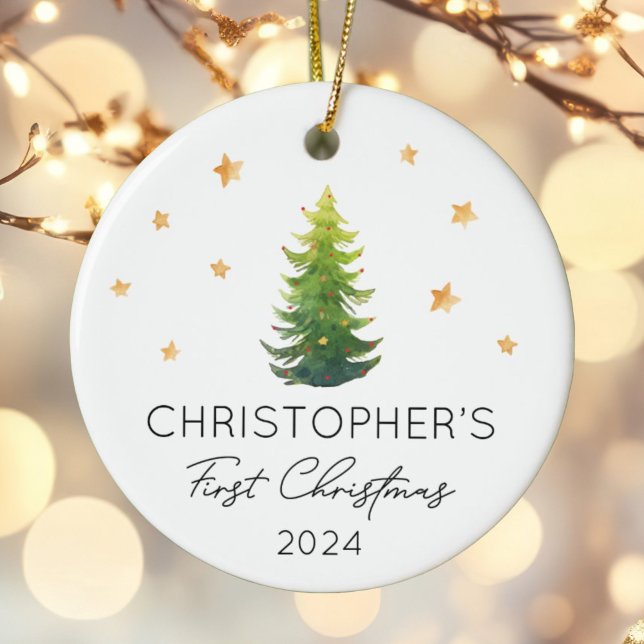 Personalized Baby First Christmas Festive Tree Ceramic Ornament (Creator Uploaded)