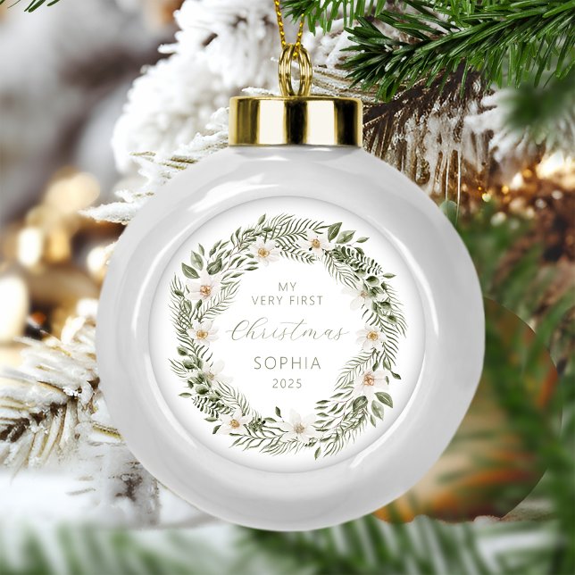 Personalized Baby First Christmas Forest Wreath Ceramic Ball Christmas Ornament (Creator Uploaded)