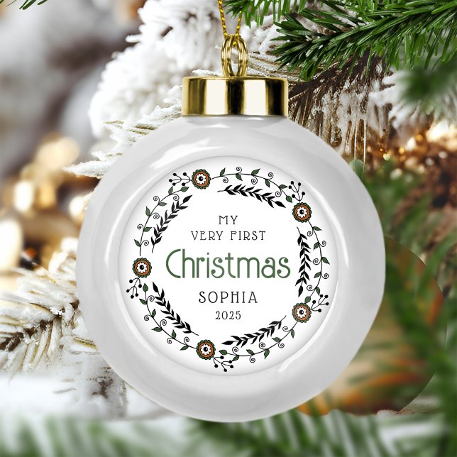 Personalized Baby First Christmas Nordic Ceramic Ball Christmas Ornament (Creator Uploaded)