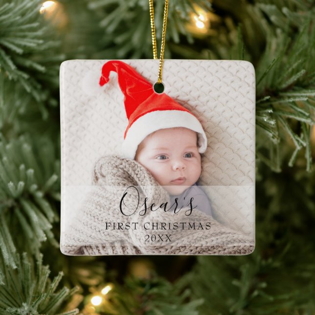 Personalized Baby First Christmas Photo Name Ceramic Ornament (Tree)