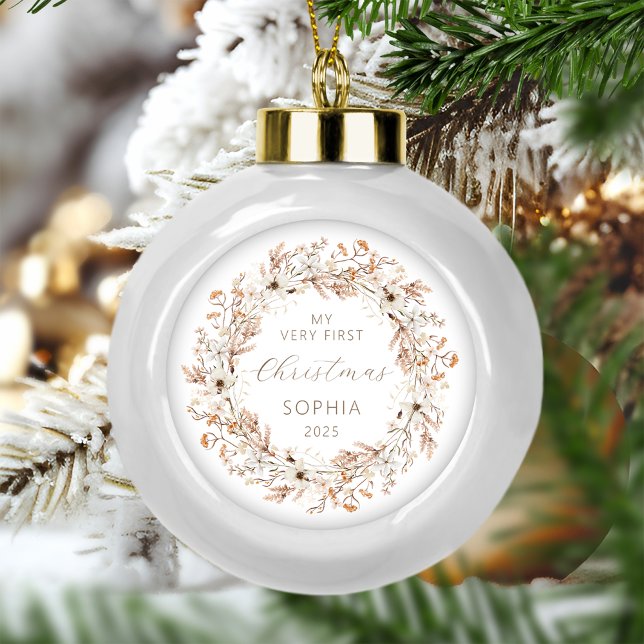 Personalized Baby First Christmas Wildflowers Ceramic Ball Christmas Ornament (Creator Uploaded)