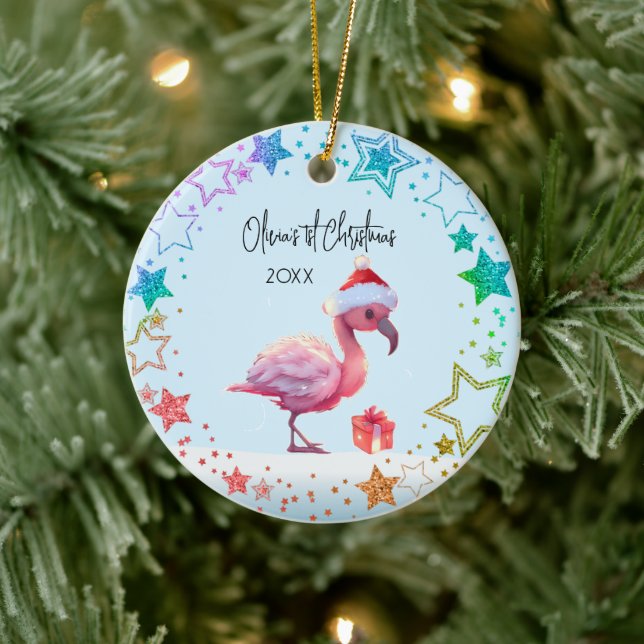 Personalized Baby Flamingo, Baby's First Christmas Ceramic Ornament (Tree)