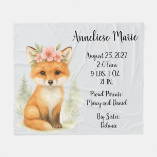 Personalized Baby Fox Birth Stats Girls' Nursery Fleece Blanket