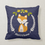 Personalized Baby Fox Wreath Pillow - Boy<br><div class="desc">A pillow featuring a woodland themed design with an illustration of a baby fox inside a wreath decorated with leaves,  flowers,  and an acorn.  Personalize the name.  Background is dark blue chevron pattern.</div>