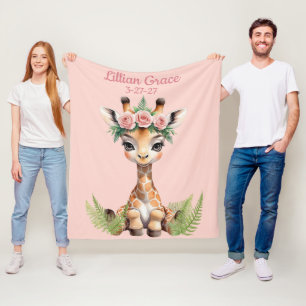 Personalized Baby Giraffe Feminine Safari Nursery Fleece Blanket