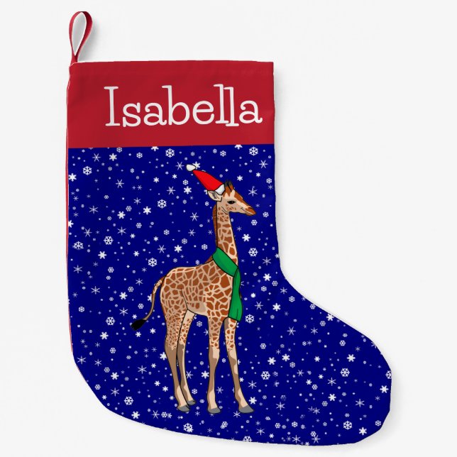 Personalized Baby Giraffe in a Santa Hat Small Christmas Stocking (Front)