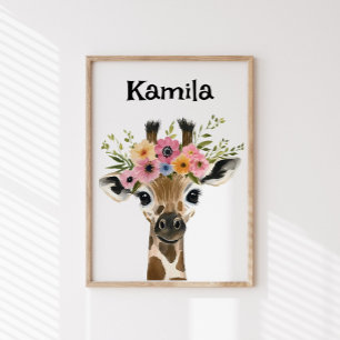Personalized Baby Giraffe with floral Wreath Poster