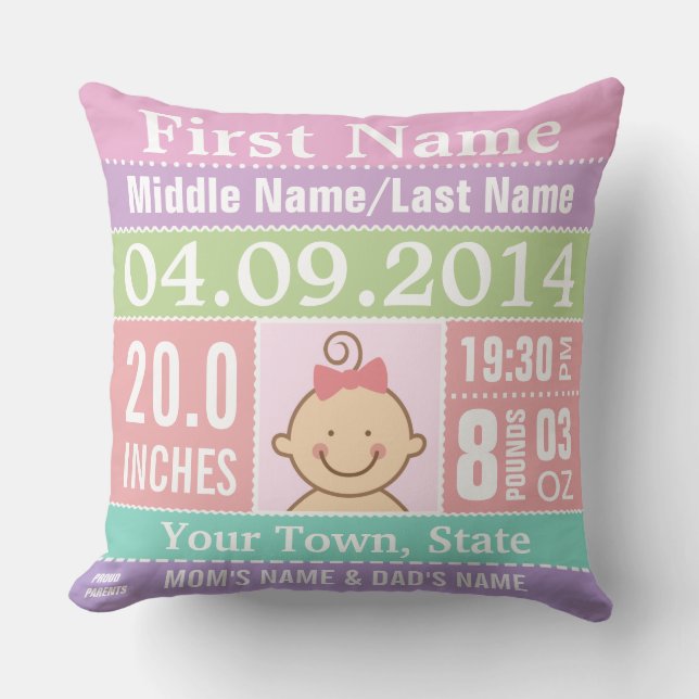 Personalized Baby Girl Birth Stats Pillow (Front)