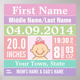 Personalized Baby Girl Birth Stats Poster