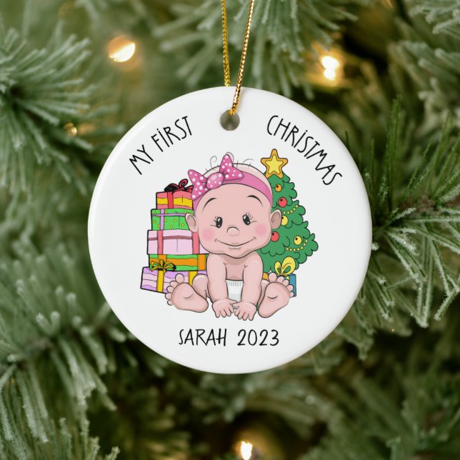 Personalized Baby Girl First Christmas Ornament (Tree)