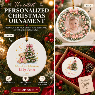 Personalized Baby Girl First Christmas Photo Ceramic Ornament
