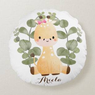 Personalized Baby Girl Giraffe Round Throw Pillow