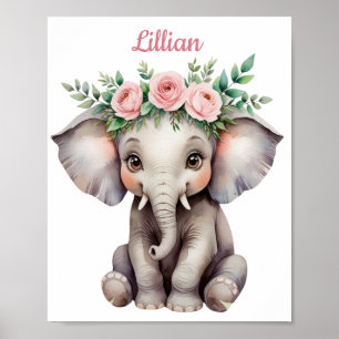 Personalized Baby Girl Nursery Cute Elephant Poster