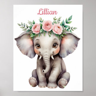 Personalized Baby Girl Nursery Cute Elephant Poster