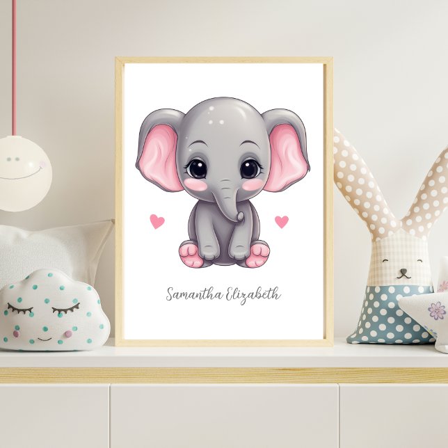 Personalized Baby Girl Nursery Pink Grey Elephant  Poster (Personalized Pink elephant Nursery wall Art poster.  Baby Shower gift for baby girl. Add her name)