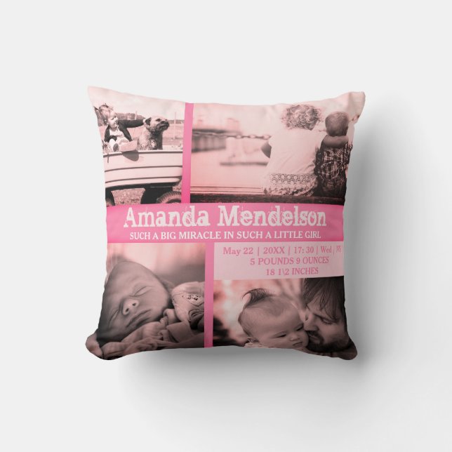Personalized baby girl pink birth stat Cushion (Front)