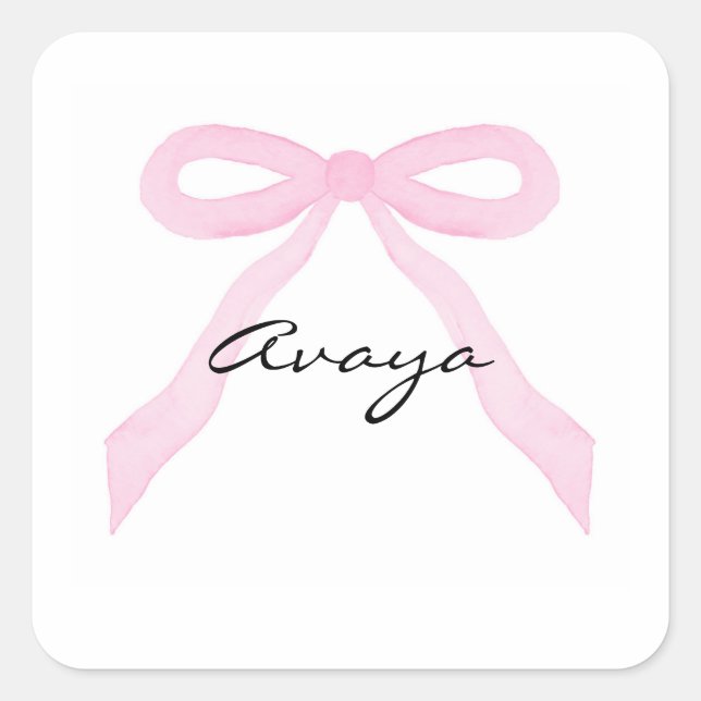 Personalized Baby Girl Pink Bow Square Sticker (Front)