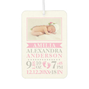 Personalized Baby Girl Pink Grey Birth Stats Air Freshener
