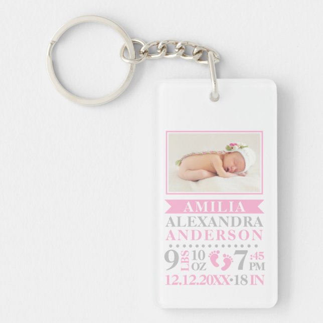 Personalized Baby Girl Pink Grey Birth Stats Keychain (Front)