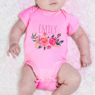 Personalized Baby Girl Pink Watercolor Floral Baby Bodysuit