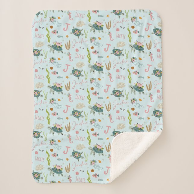 Personalized Baby Girl Turtle | 30x40 Sherpa Blanket (Front)